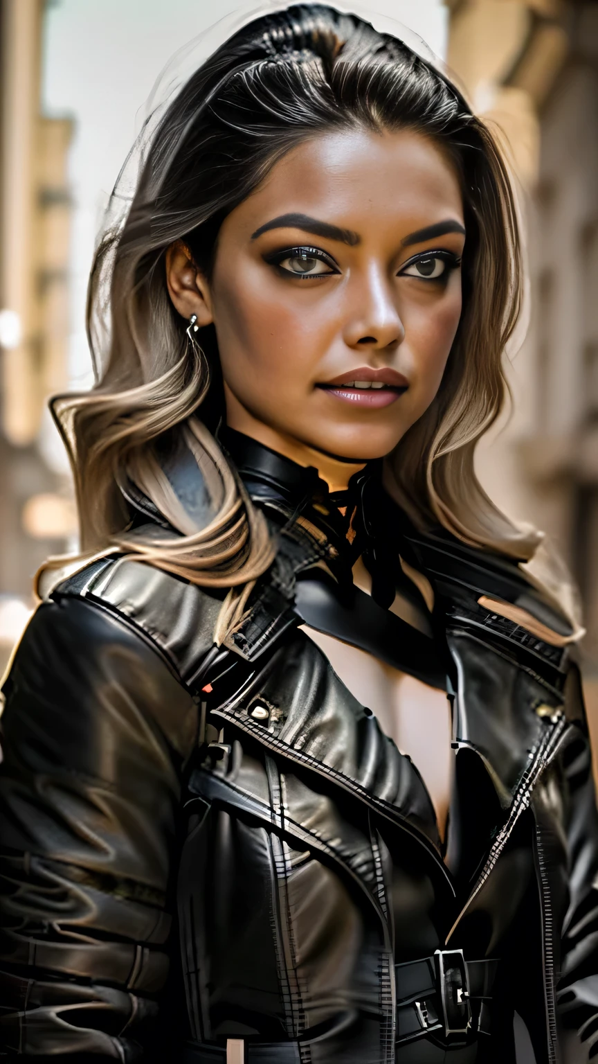 Long curly dark blonde hair, Gorgeous eyes, Detailed body､Detailed face､Detailed eyes､Detailed eyebrows､Captivating look, The line of sight is this、Big Tits, Cleavage, (Black leather jacket, Black leather leotard:1.5), Black high leg leotard, Stiletto heels, Modern metropolis Paris France neon signs background at midnight, Spot lighting, Hair backlight, Shallow depth of field, Bokeh, ((Pause＿random))､masterpiece, 最high quality, high quality, High resolution, ((Upper body portrait))