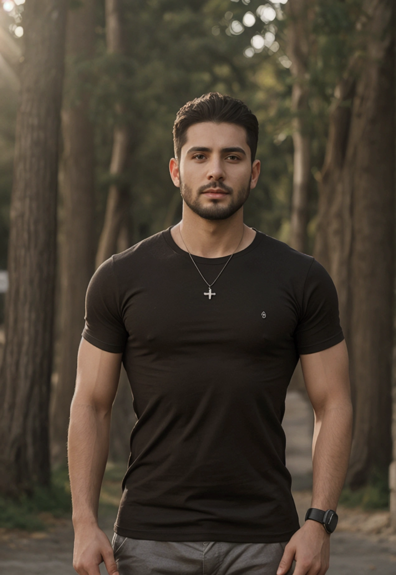 A young 25 year old man, bonitas, athletic body, wearing a black t-shirt tight to the body, super realistico, cinematic effect, short hair in military haircut style with deep brown hair, your hair is very short, he has a very light and low beard, background with dark environment, good lighting as if it were a scene from a movie, 8k, ultra realisitic, sharp.
