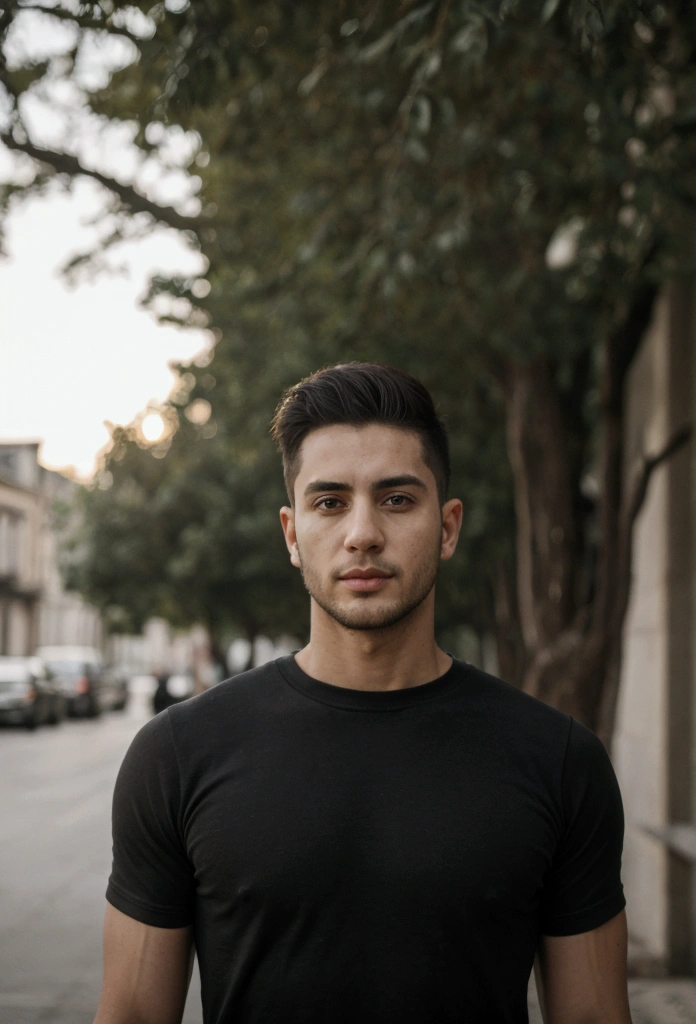 A 28 year old young man, bonitas, athletic body, wearing a black t-shirt tight to the body, super realistico, cinematic effect, short hair in military haircut style with deep brown hair, he has a very light and low beard, background with dark environment, good lighting as if it were a scene from a movie, 8k, ultra realisitic, sharp, background trees and buildings.