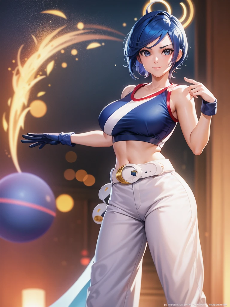 (at night), in a video game scene a background of a beautiful city during the day raining, standing at attention, semi-short blue hair, blouse with an anime frog face, white flared pants, wears blue exercise gloves, has round goggles on her head, WEARS a RED scarf around her neck, huge belt with a round shawl, ((blue hair)), 1 girl, alone, 20 years old, young woman, perfect hands, beautiful fingers, beautiful long legs, beautiful body , beautiful nose, beautiful character design, perfect face, looking at the viewer with serious gesture (focusing on his face), closed mouth, Light_Smile, official art, extremely detailed CG unity 8k wallpaper, perfect lighting, bright and colorful front lighting , shiny skin (masterpiece: 1.0), (best_quality: 1.0), ultra-high resolution, 4K, ultra-detailed photography, 8K, HDR, high resolution, nonsense:1.2, Kodak portra 400, film grain, blurred background, bokeh: 1.2, lens flare, (vibrant_color:1.2), professional photography, (beautiful_face: 1.5), (narrow waist),
