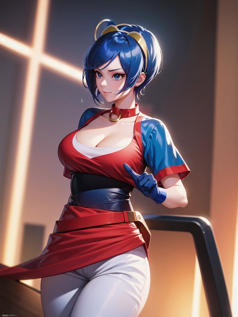 (at night), in a video game scene a background of a beautiful city during the day raining, standing at attention, semi-short blue hair, blouse with an anime frog face, white flared pants, wears blue exercise gloves, has round goggles on her head, WEARS a RED scarf around her neck, huge belt with a round shawl, ((blue hair)), 1 girl, alone, 20 years old, young woman, perfect hands, beautiful fingers, beautiful long legs, beautiful body , beautiful nose, beautiful character design, perfect face, looking at the viewer with serious gesture (focusing on his face), closed mouth, Light_Smile, official art, extremely detailed CG unity 8k wallpaper, perfect lighting, bright and colorful front lighting , shiny skin (masterpiece: 1.0), (best_quality: 1.0), ultra-high resolution, 4K, ultra-detailed photography, 8K, HDR, high resolution, nonsense:1.2, Kodak portra 400, film grain, blurred background, bokeh: 1.2, lens flare, (vibrant_color:1.2), professional photography, (beautiful_face: 1.5), (narrow waist),
