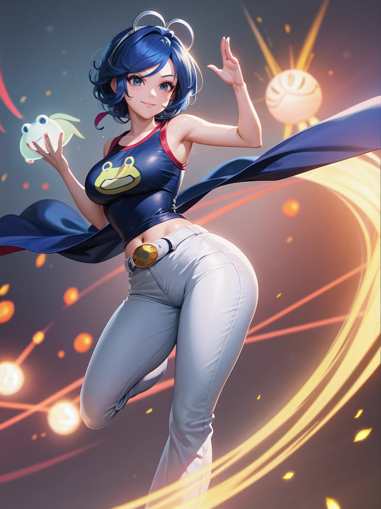 (at night), in a video game scene a background of a beautiful city during the day raining, standing at attention, semi-short blue hair, blouse with an anime frog face, white flared pants, wears blue exercise gloves, has round goggles on her head, WEARS a RED scarf around her neck, huge belt with a round shawl, ((blue hair)), 1 girl, alone, 20 years old, young woman, perfect hands, beautiful fingers, beautiful long legs, beautiful body , beautiful nose, beautiful character design, perfect face, looking at the viewer with serious gesture (focusing on his face), closed mouth, Light_Smile, official art, extremely detailed CG unity 8k wallpaper, perfect lighting, bright and colorful front lighting , shiny skin (masterpiece: 1.0), (best_quality: 1.0), ultra-high resolution, 4K, ultra-detailed photography, 8K, HDR, high resolution, nonsense:1.2, Kodak portra 400, film grain, blurred background, bokeh: 1.2, lens flare, (vibrant_color:1.2), professional photography, (beautiful_face: 1.5), (narrow waist),
