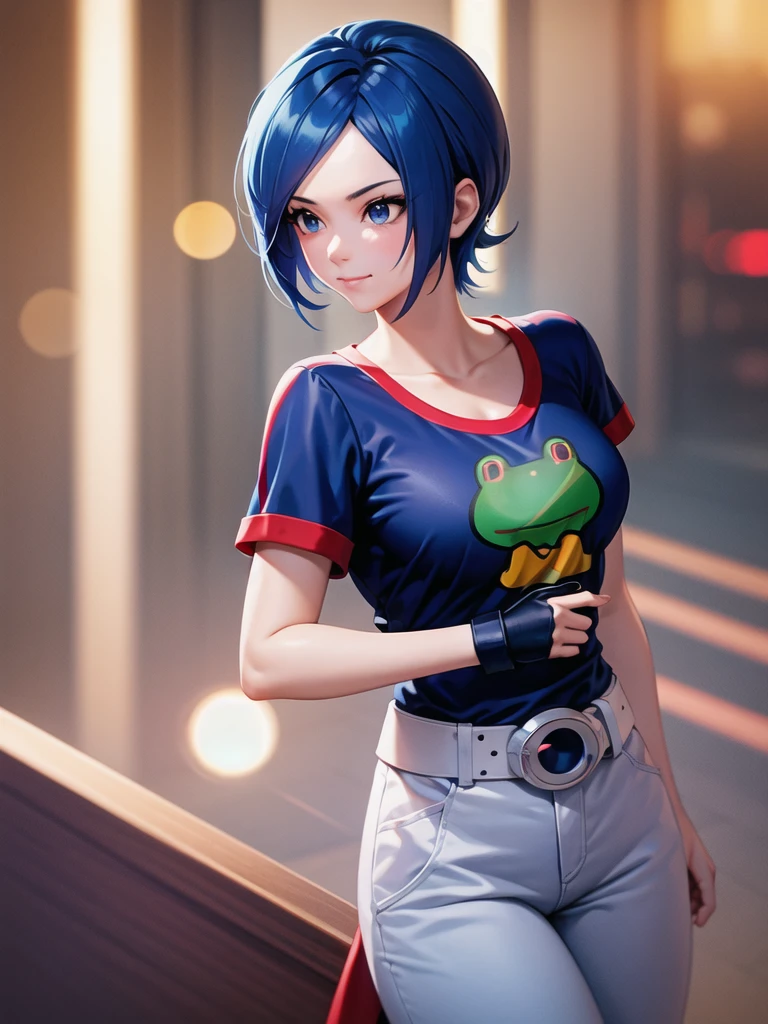 (at night), in a video game scene a background of a beautiful city during the day raining, standing at attention, semi-short blue hair, blouse with an anime frog face, white flared pants, wears blue exercise gloves, has round goggles on her head, WEARS a RED scarf around her neck, huge belt with a round shawl, ((blue hair)), 1 girl, alone, 20 years old, young woman, perfect hands, beautiful fingers, beautiful long legs, beautiful body , beautiful nose, beautiful character design, perfect face, looking at the viewer with serious gesture (focusing on his face), closed mouth, Light_Smile, official art, extremely detailed CG unity 8k wallpaper, perfect lighting, bright and colorful front lighting , shiny skin (masterpiece: 1.0), (best_quality: 1.0), ultra-high resolution, 4K, ultra-detailed photography, 8K, HDR, high resolution, nonsense:1.2, Kodak portra 400, film grain, blurred background, bokeh: 1.2, lens flare, (vibrant_color:1.2), professional photography, (beautiful_face: 1.5), (narrow waist),
