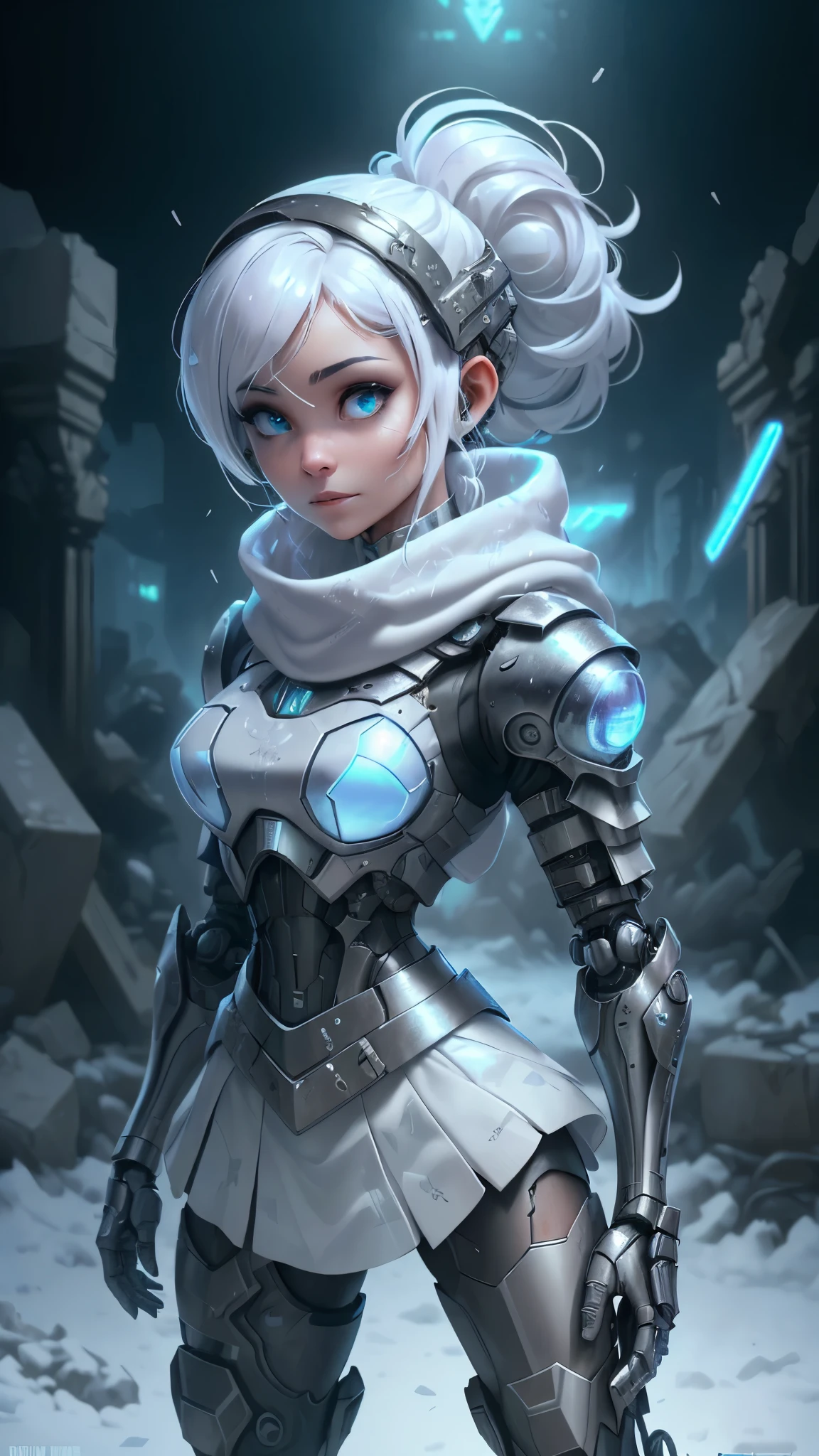 (The best quality,A high resolution,ultra - detailed,actual),Ariana Grande wearing a helmet and a scarf with a camera attached to it, dystopian sci-fi character, cyberpunk statue, cyberpunk nun warrior, (dystopian scifi gear:1.4) ,(cabello white canoso :1.4), scifi character, sci - fi character, hyper-realistic cyberpunk style, cyberpunk helmet, (fashionable cyberpunk mechanoid:1.4) , zbrush central contest winner, cyberpunk style , hyperrealistic, ,(Ruined dungeon ruins background:1.4 ), epic fantasy art style hd, 4K fantasy art, epic fantasy digital art style, epic fantasy art style, Fantasy Woman, epic fantasy art portrait, Epic fantasy style, hyperrealistic fantasy art, hd fantasy art, epic fantasy character art, epic fantasy art, in style of dark fantasy art, epic fantasy digital art, (cinematic lighting :1.4),( face detailed :1.4),( Ariana Grande :1.4),( He has a camouflage white military helmet plomo metallic transparent :1.4), (fondo nieve congelado cayendo :1.4),( piedras grandes congelado hielo :1.4), (cayendo copos de nieve :1.4), (pose vaquero), (mini skirt white cyborg transparent :1.4),( fondo campo de juego de batalla guerra :1.4), (fondo invasion Alienigena :1.4), (armadura alienígena white Cyborg plastic transparent :1.4)