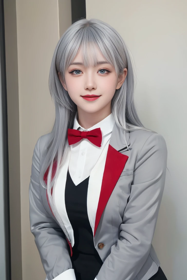 ulzzang-6500-v1.1,(raw photo:1.2),((photorealistic:1.30)), ((best quality)) ,((masterpiece)),((Ultra High Resolution)), ((Clear View)),,Ultra-high resolution,Clear face,（Reality：1.4) ,  illustration, an extremely delicate and beautiful, extremely detailed ,CG ,unity ,8k wallpaper, Amazing, finely detail, masterpiece,best quality,official art,extremely detailed CG unity 8k wallpaper,absurdres, incredibly absurdres, huge filesize, ultra-detailed, highres, extremely detailed,beautiful detailed girl, extremely detailed eyes and face, beautiful detailed eyes,light on face,cinematic lighting, 1girl, 独奏, bangs, alya(roshidere), (white hair:1.3), long hair, bangs, Blue eyes, hair ribbon, ahoge, (red ribbon), skirt, shirt, long sleeves, bow, , jacket, white shirt, pleated skirt, collared shirt, bowtie, black skirt, red bow, red bowtie, blazer, (grey blazer:1.3), long sleeves, upper body view, smile,