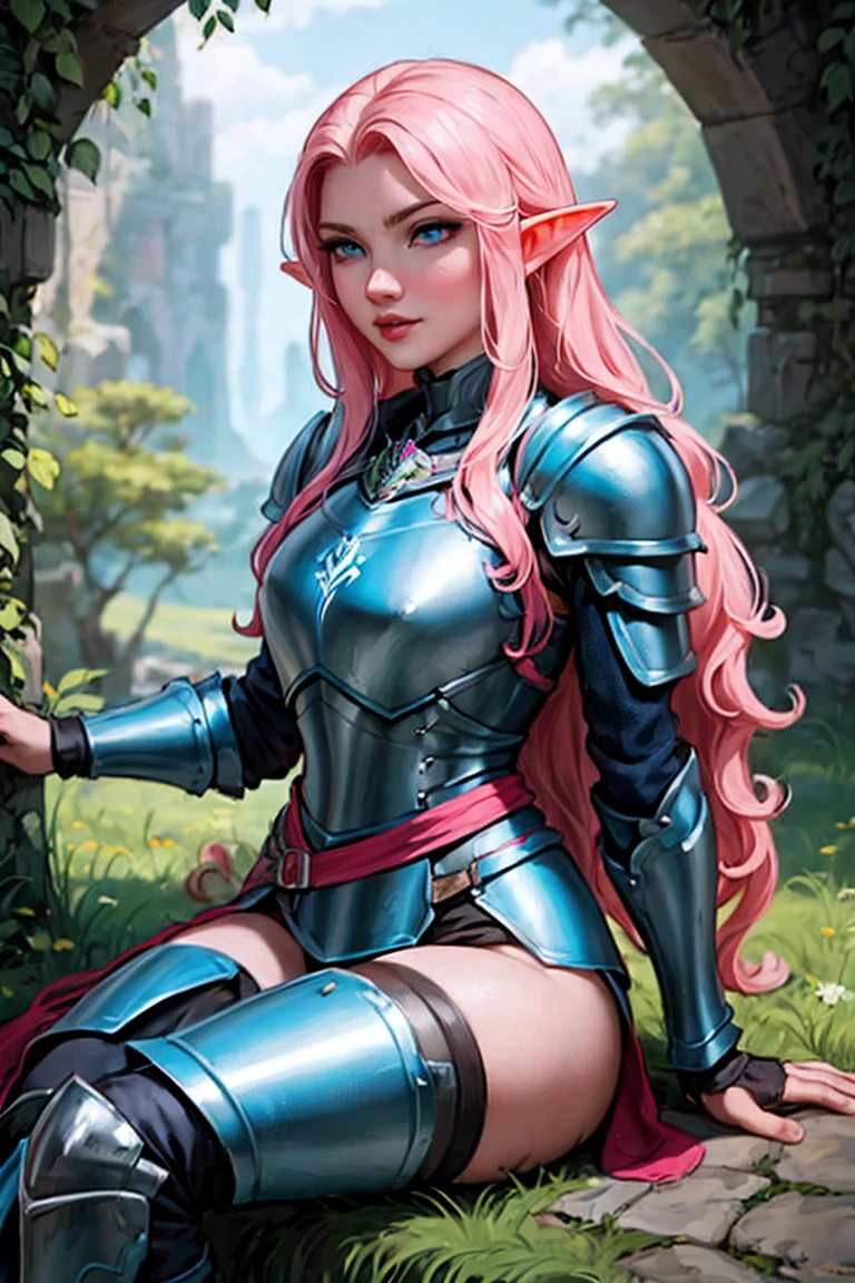 Woman, long wavy hair, pink hair, blue eyes, elf, wearing armor, sitting, sexy, armor 