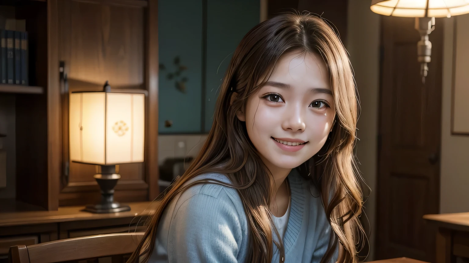 A age girl with long light brown wavy hair, wearing a with a blue skirt, smiling, at home, surrounded by her Japanese parents, highly detailed, photorealistic, 8k, masterpiece, studio lighting, vibrant colors, soft lighting