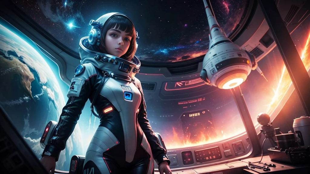 A teenage girl wearing futuristic outfits, inside a space capsule in space, in the background of the image a burning planet, spaceships flying in the background, style sci-fi