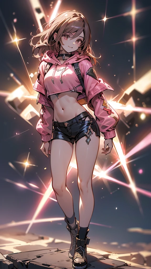 (highest quality, 4k, High resolution, masterpiece:1.2), Super detailed, (anime style, photorealistic:1.37), cinematic light, Bright colors and mesmerizing effects, Soft and delicate lighting, gentle shine, Beautiful and gentle atmosphere throughout the scene, (1girl:1.5), joven, (Cara finamente detallada:1.4, Ropa detallada), (Detallado:1.4) named (Eimi Fukada:1.1) BREAK Cara hermosa, Profundidad de campo, Agregar capa, (27 years old:1.5), Modelo de cuerpo perfecto, senos perfectos, 175cm de altura, pose sexy, full body, cuerpo completo, Tipo de cuerpo del modelo, BREAK (pink crop top hoodie:1.5), (Lightning FF13 costume:1.4), (Cabello largo:1.3), (brunette:1.1), dark brown hair, doble parpado, (reddish brown eyes:1.5) BREAK blush, long hair, nijistyle, smile, cute cat ears, enchanted fairy