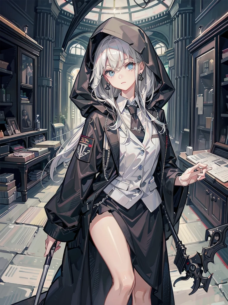 absurdres, RAW photo, extremely delicate and beautiful, masterpiece, Best Quality, ultra high resolution, 32k, hyperrealistic, ultra-detailed, perfect anatomy, anatomically correct, perfect figure, Perfect Style, Perfect balance, super Detailed skin, in her 30s, very Slim body, narrow waist, very small head, very small face, delicate facial features, handsome detailed woman, very detailed eyes and face, realistic face proportions, Realistic beautiful face, Realistic beautiful eyes, tearful mole, earring, big tits, whole body shot, medium hair, indoor, grim reaper, hooded robe, huge scythe, business suit, blazer, shirt, skirt, tie, ghost, skelton,