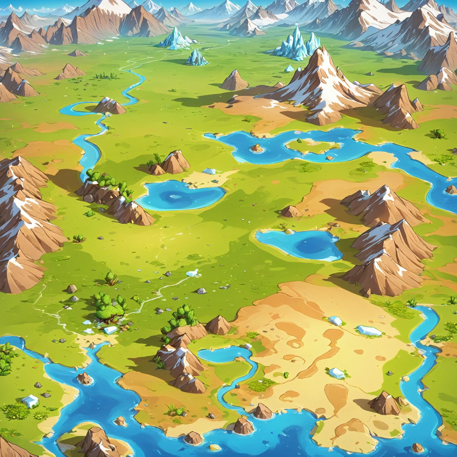 Legendary Skin &quot;Big Map&quot;，Mountain，stone，Grass，Tree，Glacier Snowfield，Grass原森林，Desert Gobi Scene，Green Plants，Cartoon Style，Game big map，Look down at the scene