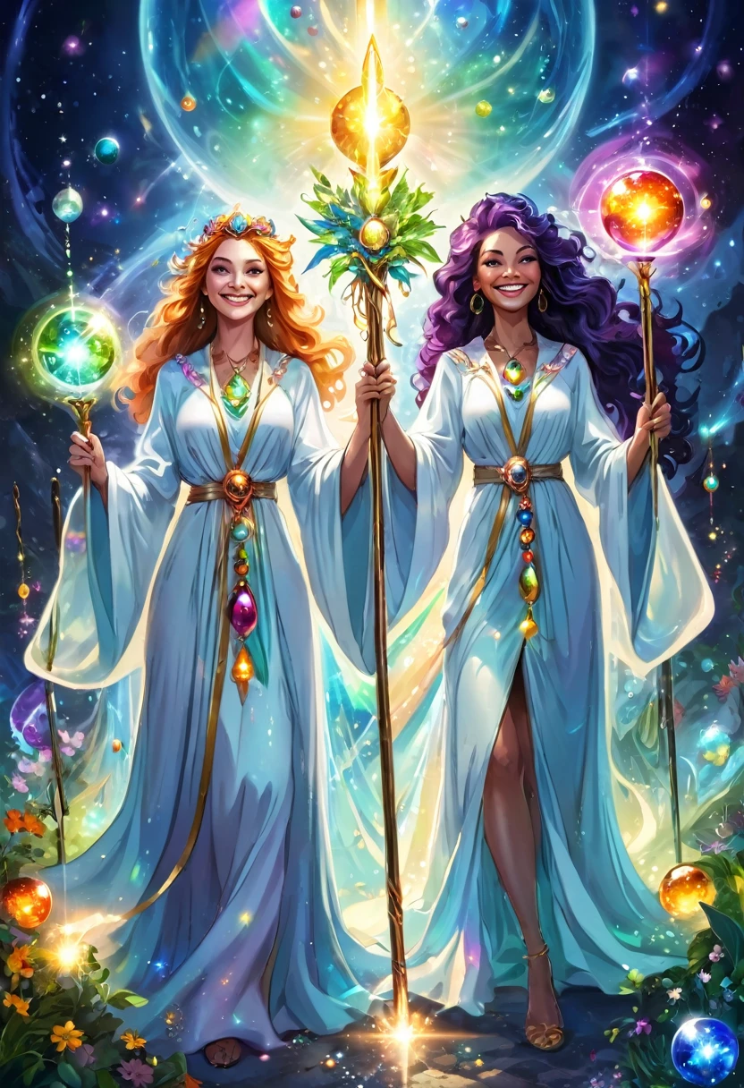 The witches are wearing robes and smiling. They have magical walking sticks with sparkling jewels on the tip. They are in white light. Healing through light, a world of crystals, heaven, space, herbs, fantasy, colorful spheres of light floating in the air,