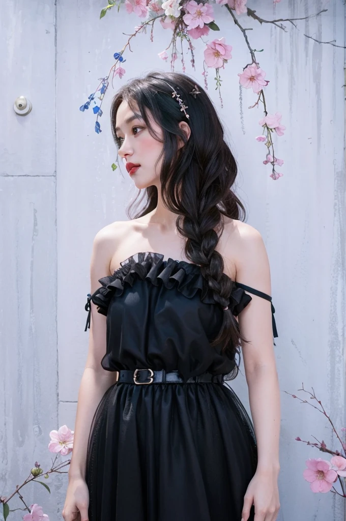 a girl wearing tulle under her knees on a pink ceiling above flowers, in the style of alexander mcqueen, light indigo and light amber, naoko takeuchi, sacha goldberger, uhd image, kitsch and camp charm, marbleized