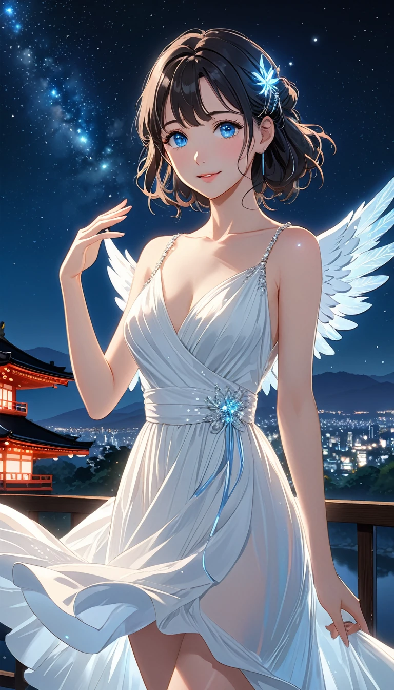 National Science Foundation,(((masterpiece))),High resolution,8K,art,refer to,Kyoto Animation Style,Your Name movie style,To the camera,night,midnight,Light,(1 female: 1.3),(alone: 1.4),Sparkling Light Evening Dress,(Wearing a white dress),(Woman wearing a beautiful formal dress),Pure white dress,Elegant dress with Swarovski crystals,Crystal Hairpin,Long eyelashes,Thin legs,(Medium Hair),(Black Hair),Feminine poses,Sexy pose,close of upper body,(medium shot:1.5),(Show upper body),Eyes as deep as the starry sky,(pale blue eyes:1.3),Moist eyes,Shining beautiful eyes,Blushed,shy,shy,Open your lips slightly and smile,Woman as beautiful as an angel,mystery,Woman waving her hand,(((Biologically correct hands))),