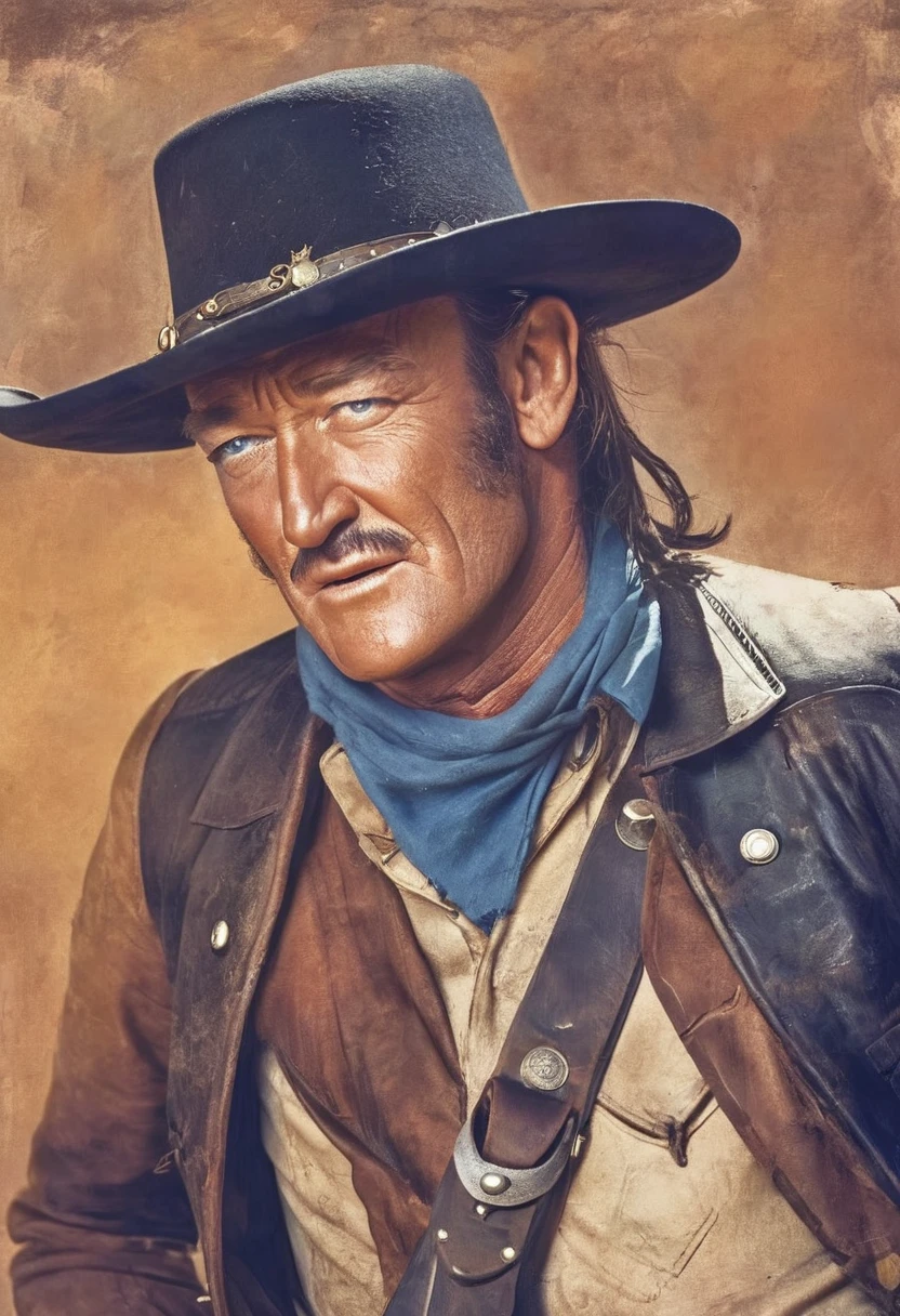 Portrait of John Wayne as Ringo Kid in the film Stagecoach, detailed portrait, chiseled features, piercing blue eyes, rugged good looks, weathered skin, cowboy hat, western outfit, gun holster, desert landscape, golden hour lighting, cinematic composition, dramatic shadows, muted colors, gritty realism, classic Hollywood style