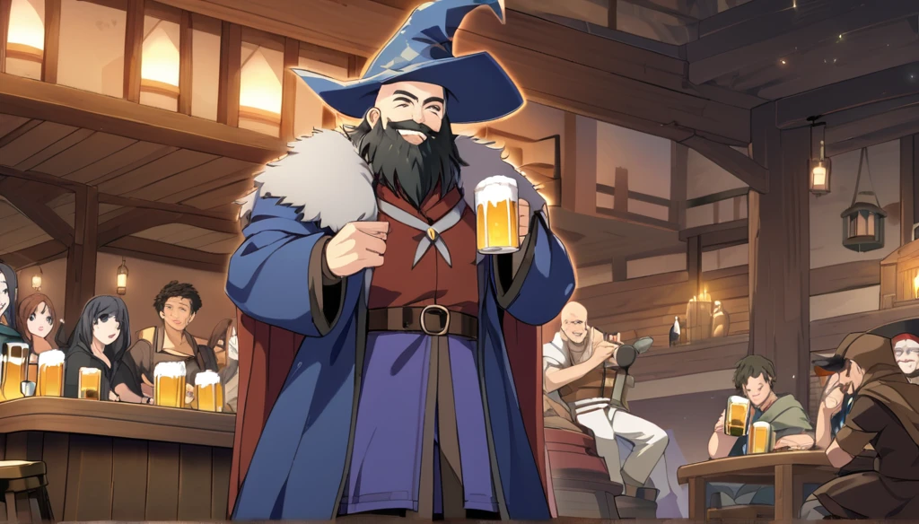 (Anime Infinite Stratus Art, 8k, ultra full high definition, epic quality, epic texture). The {{char}} is the focus of the scene, he is a man, he is 31 years old, he is a wizard, he is bald, he has a long black beard, brown eyes, white skin, he is muscular and short, wide chest, medium waist, wide hips, strong legs, he wears a wizard's robe, wizard's clothes, a pointy wizard's hat, he is drinking beer, apparently he is very drunk and happy, people love him. The setting is a large RPG-style medieval tavern, very detailed, full of people(men and women, from different RPG classes) drinking and partying with {{char}}. The atmosphere is happy, celebratory and a lot of fun. Full view of scene.