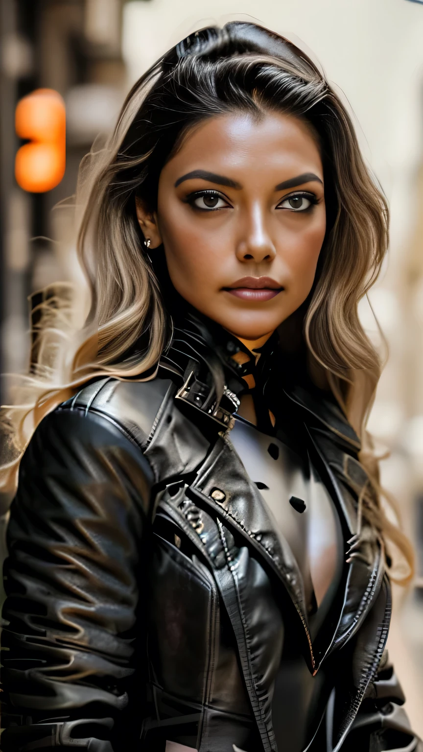 Long curly dark blonde hair, Gorgeous eyes, Detailed body、Detailed face、Detailed eyes、Detailed eyebrows、Captivating look, The line of sight is this、Big Tits, Exposed cleavage, (Black leather jacket, Black leather leotard:1.5), Black high leg leotard, Stiletto heels, Modern metropolis Paris France neon signs background at midnight, Spot lighting, Hair backlight, Shallow depth of field, Bokeh, ((Pause_random))、masterpiece, 最high quality, high quality, High resolution, ((Upper body portrait))