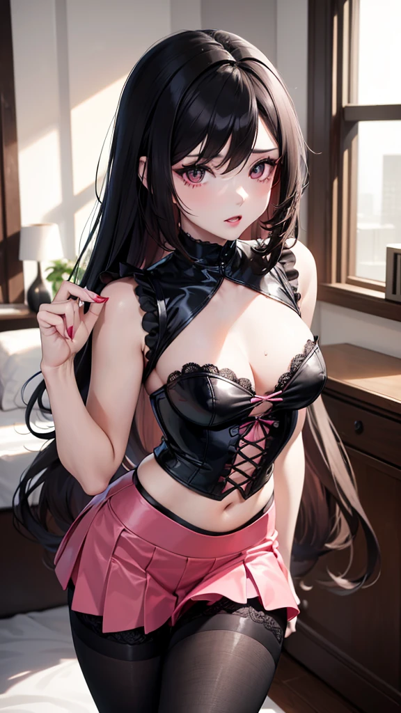 An anime woman 25 years old, medium wavy black hair, pink eyes, medium chest, black painted lips, black eye makeup, wearing a sexy black lace corset, sexy short black skirt and long black stockings, posing sexy in her room