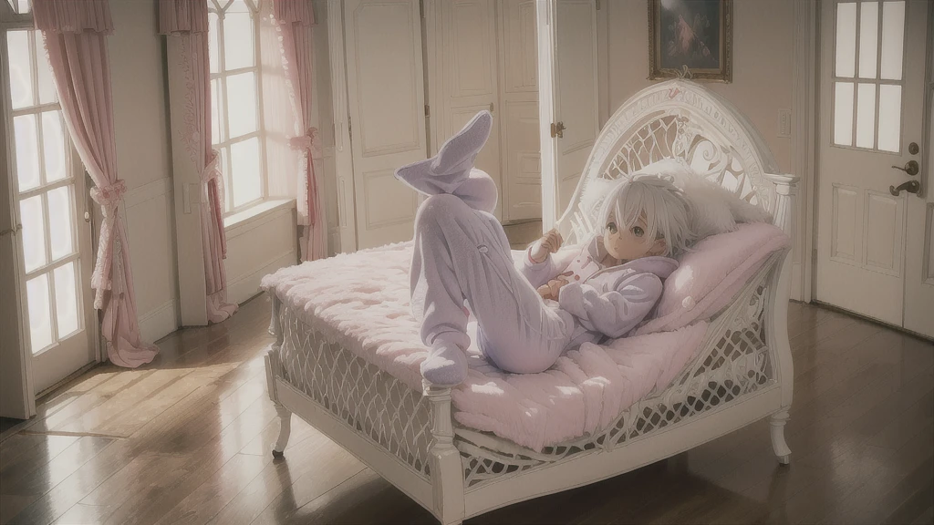 An anime image of a boy with white hair wearing a thick diaper underneath fox hoodie-footie pjs, hoodie-footie pjs, (sleeping in a crib), nursery, ((1boy)), solo, adorable, masterpiece, extremely detailed, beautiful eyes, sharp focus, vivid colors, studio lighting, intricate details, soft textures, cozy atmosphere, high quality, hood down,