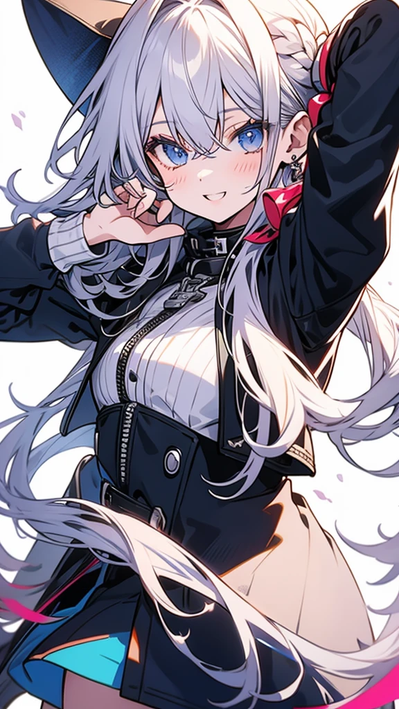 anime, cute, girl, concept art(2), vtuber model, , silver hair, long hair, blue eyes, whale jacket