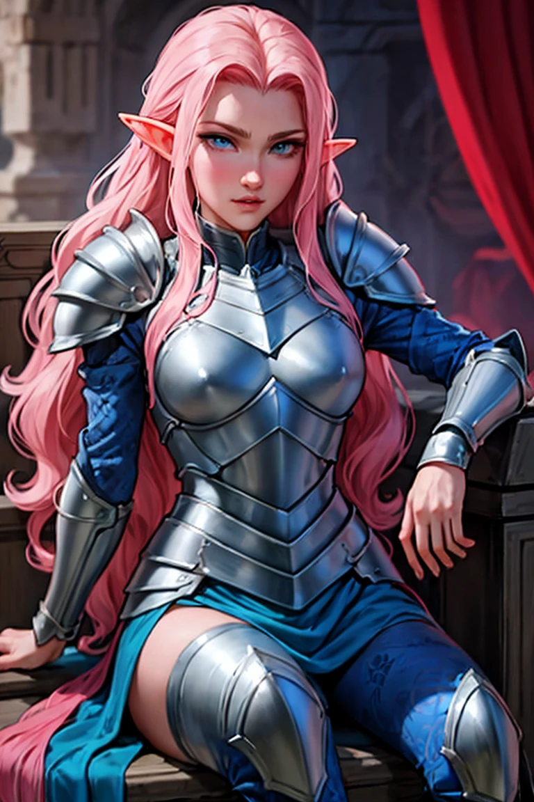 Woman, long wavy hair, pink hair, blue eyes, elf, wearing armor, sitting, sexy, armor,Sitting on the throne