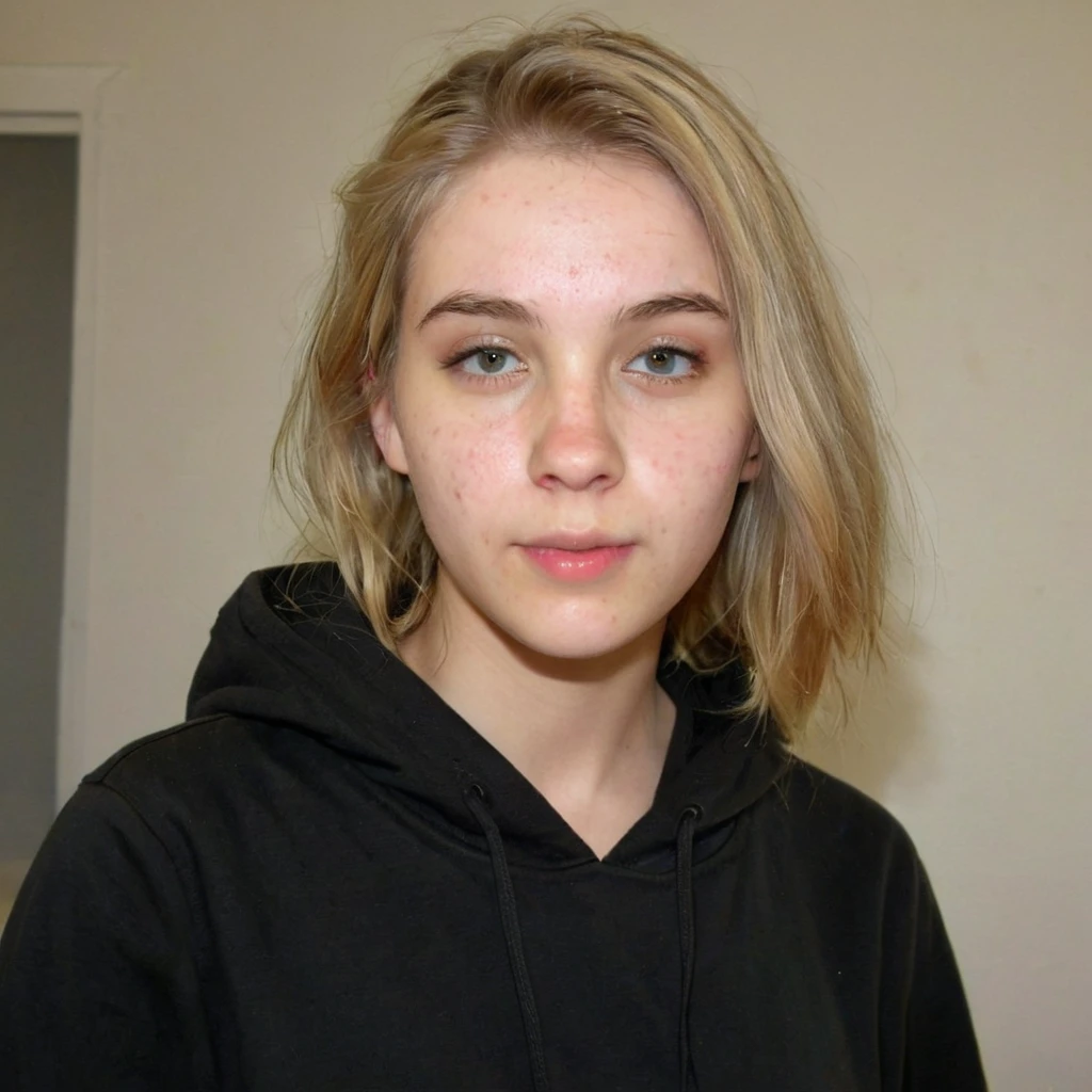 front view, selfie picture of a blonde girl in her 20s, emotionless, wearing black hoodie, portrait photo,
Detailed natural skin and blemishes without-makeup and acne