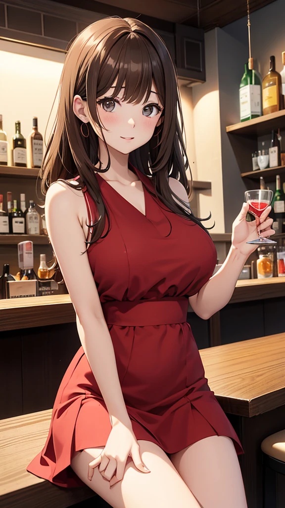 Gal、Open your mouth、Bar counter、Crossing your legs、hair is light brown、Shortcuts、Being drunk、Your cheeks are red、Large Breasts、Wearing a sleeveless dress、Around 25 years old、Anime style illustrations