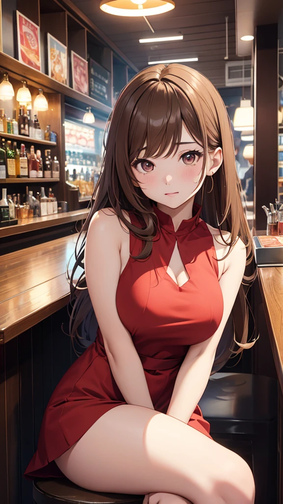 Gal、Open your mouth、Bar counter、Crossing your legs、hair is light brown、Shortcuts、Being drunk、Your cheeks are red、Large Breasts、Wearing a sleeveless dress、Around 25 years old、Anime style illustrations