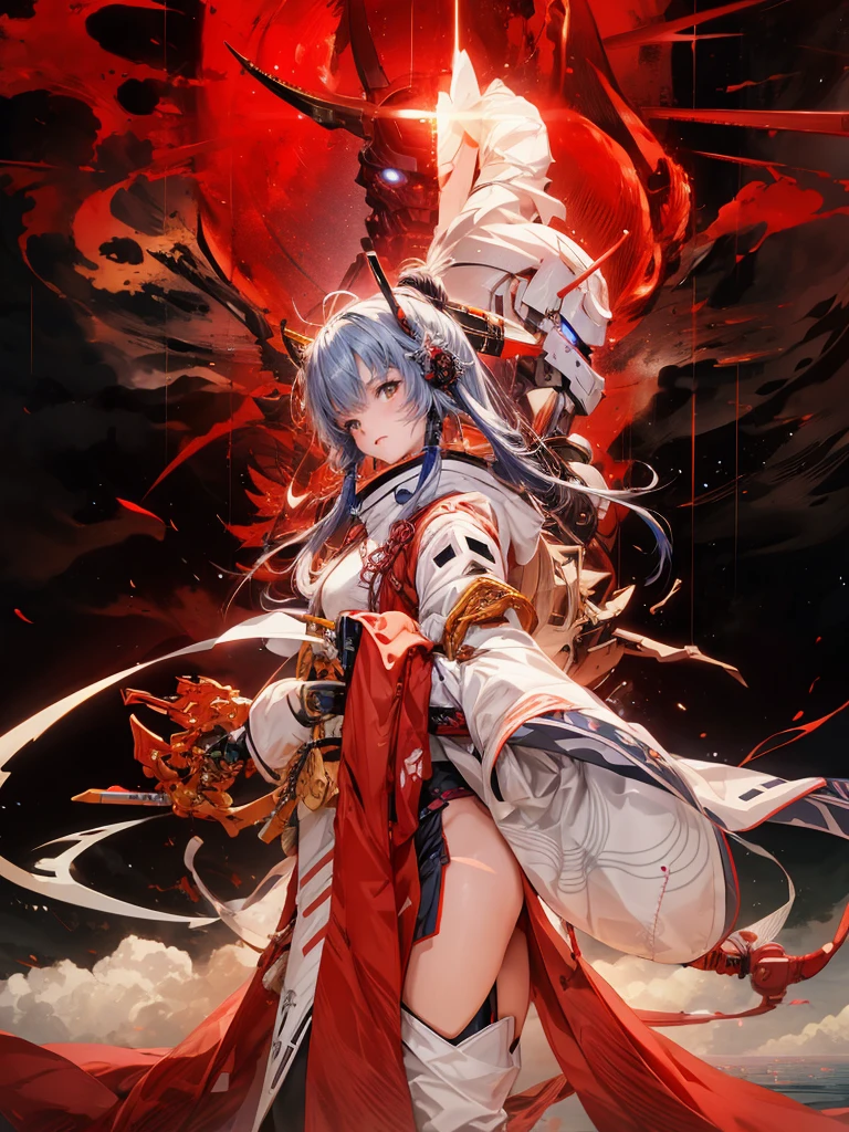 textless, wide shot, background ocean of clouds, CyberRonin, (Cyber-Samurai:1.2), girl, mecha, 8k, high resolution,