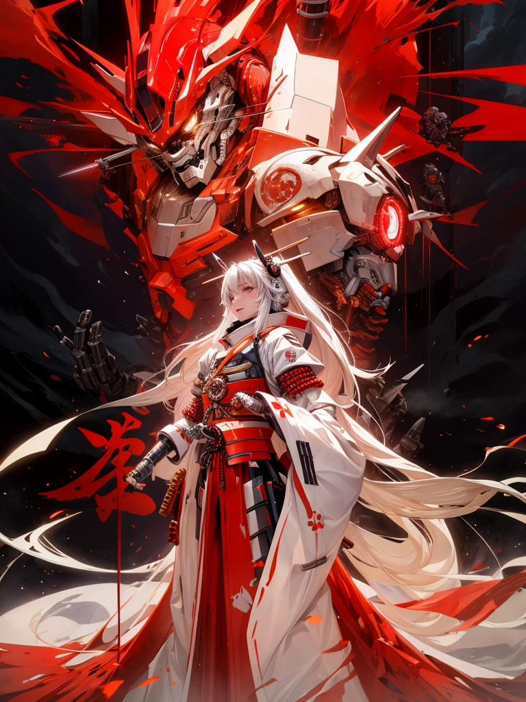textless, wide shot, background ocean of clouds, CyberRonin, (Cyber-Samurai:1.2), girl, mecha, 8k, high resolution,