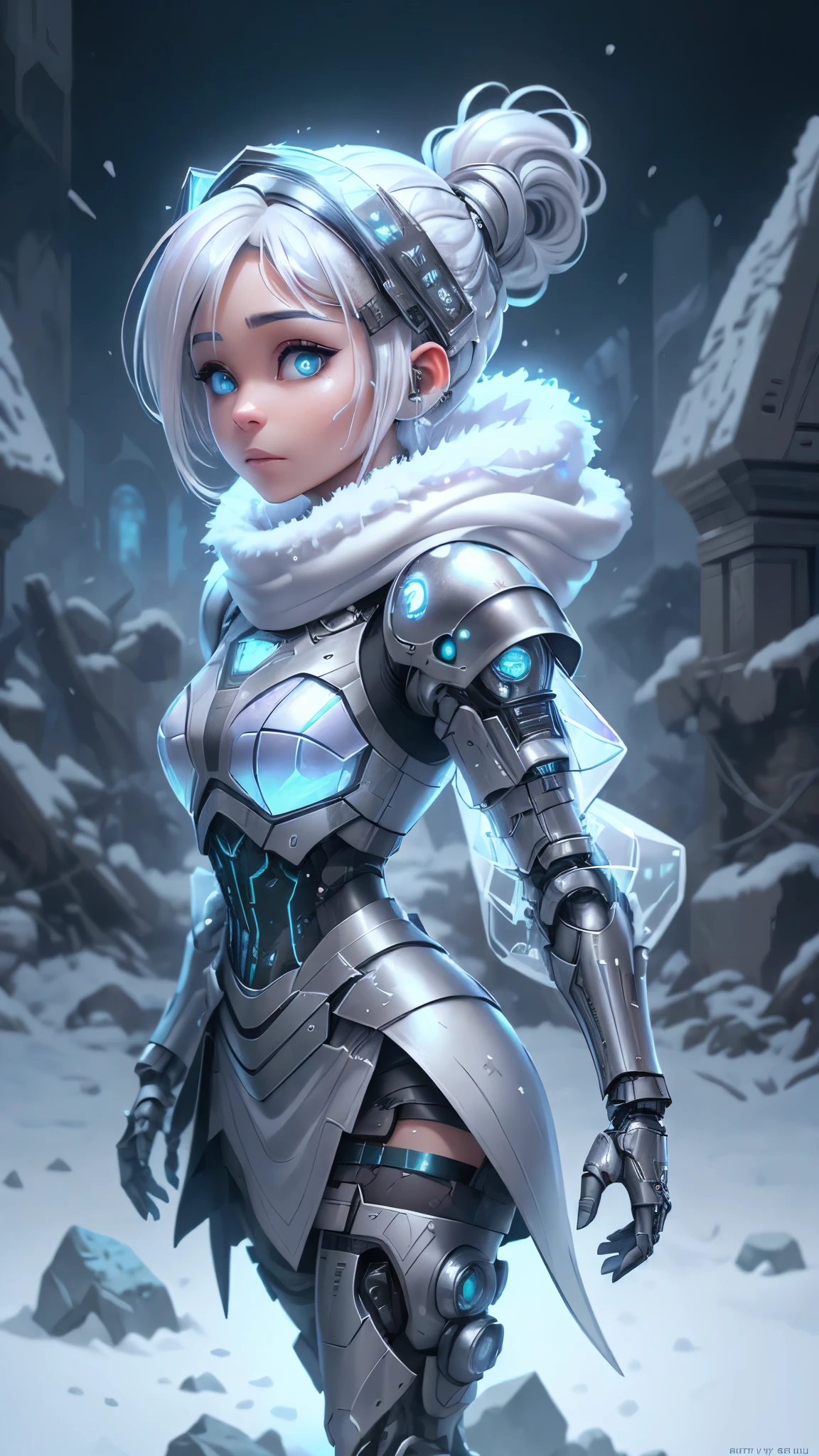(The best quality,A high resolution,ultra - detailed,actual),Ariana Grande wearing a helmet and a scarf with a camera attached to it, dystopian sci-fi character, cyberpunk statue, cyberpunk nun warrior, (dystopian scifi gear:1.4) ,(white gray hair :1.4), scifi character, sci - fi character, hyper-realistic cyberpunk style, cyberpunk helmet, (fashionable cyberpunk mechanoid:1.4) , zbrush central contest winner, cyberpunk style ， hyperrealistic, ,(Ruined dungeon ruins background:1.4 ), epic fantasy art style hd, 4K fantasy art, epic fantasy digital art style, epic fantasy art style, Fantasy Woman, epic fantasy art portrait, Epic fantasy style, hyperrealistic fantasy art, hd fantasy art, epic fantasy character art, epic fantasy art, in style of dark fantasy art, epic fantasy digital art, (cinematic lighting :1.4),( face detailed :1.4),( Ariana Grande :1.4),( He has a camouflage white military helmet plomo metallic transparent :1.4), (frozen snow background falling :1.4),( large stones frozen ice :1.4), (falling snowflakes :1.4), (cowboy pose), (mini skirt white cyborg transparent :1.4),( war battle playing field background :1.4), (an alien invasion at the bottom :1.4), (armadura alienígena white Cyborg plastic transparent :1.4), (transparent visible circuits :1.4) 