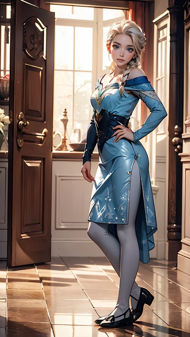 ((Full body photo, standing, feet on the floor)) cinematic film still photogenic beautiful adult woman, solo, elsa \(frozen\), (blue:1.1 cotton dress), gossamer cloak, (frost magic), (snowflakes), platinum blonde braid,,  e1iz4b3th, ((fantasy medieval movie, wearing ornate armor)), open shirt, bra, collared shirt, skirt, blue eyes, [red ribbon] , (cuffs), opal brooch, standing, high quality, reflections, high detail, best quality, rim lighting, volumetric lighting, textured skin,red lips, eyeshadow, eyeliner, looking at viewer, flirting with viewer, sultry, sophisticated,  (screengrab from frozen) . shallow depth of field, vignette, highly detailed, high budget, bokeh, cinemascope, moody, epic, gorgeous, film grain, grainy