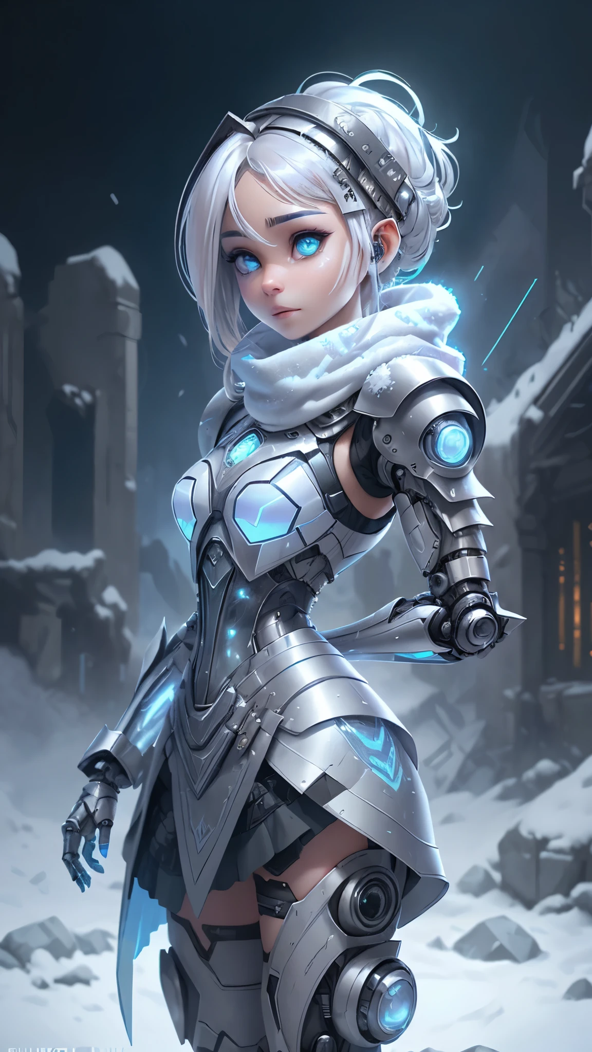 (The best quality,A high resolution,ultra - detailed,actual),Ariana Grande wearing a helmet and a scarf with a camera attached to it, dystopian sci-fi character, cyberpunk statue, cyberpunk nun warrior, (dystopian scifi gear:1.4) ,(white gray hair :1.4), scifi character, sci - fi character, hyper-realistic cyberpunk style, cyberpunk helmet, (fashionable cyberpunk mechanoid:1.4) , zbrush central contest winner, cyberpunk style , hyperrealistic, ,(Ruined dungeon ruins background:1.4 ), epic fantasy art style hd, 4K fantasy art, epic fantasy digital art style, epic fantasy art style, Fantasy Woman, epic fantasy art portrait, Epic fantasy style, hyperrealistic fantasy art, hd fantasy art, epic fantasy character art, epic fantasy art, in style of dark fantasy art, epic fantasy digital art, (cinematic lighting :1.4),( face detailed :1.4),( Ariana Grande :1.4),( He has a camouflage white military helmet plomo metallic transparent :1.4), (frozen snow background falling :1.4),( large stones frozen ice :1.4), (falling snowflakes :1.4), (cowboy pose), (mini skirt white cyborg transparent :1.4),( war battle playing field background :1.4), (an alien invasion at the bottom :1.4), (armadura alienígena white Cyborg plastic transparent :1.4), (transparent visible circuits :1.4)