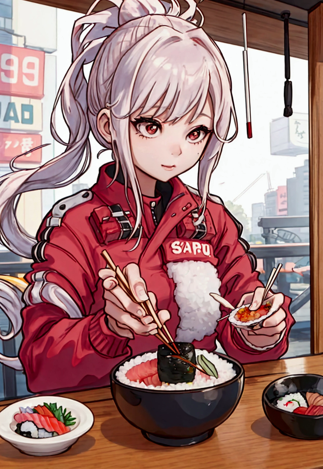 A couple out at dinner eating sushi. The guy is feeding her the sushi with chopsticks.