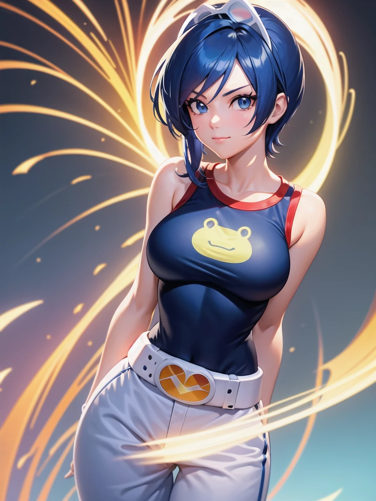 (at night), in a video game scene, a background of a beautiful city during the day raining, standing at attention, semi-short blue hair, blouse with an anime frog face, white flared pants, wearing blue fingerless exercise gloves, has round goggles on her head, huge belt with a round eyeglass, ((blue hair)), 1 girl, alone, 20 years old, young woman, perfect hands, beautiful fingers, beautiful long legs, beautiful body, beautiful nose, beautiful design of characters, perfect face, looking at the viewer with serious gesture (focusing on his face), closed mouth, Light_Smile, official art, extremely detailed CG unity 8k wallpaper, perfect lighting, bright and colorful front lighting, glowing skin (masterpiece : 1.0), (best_quality: 1.0), ultra high resolution, 4K, ultra detailed photography, 8K, HDR, high resolution, nonsense:1.2, Kodak portra 400, film grain, background blur, bokeh:1.2, lens flare, (vibrant_color:1.2), professional photography, (beautiful_face: 1.5), (narrow waist),