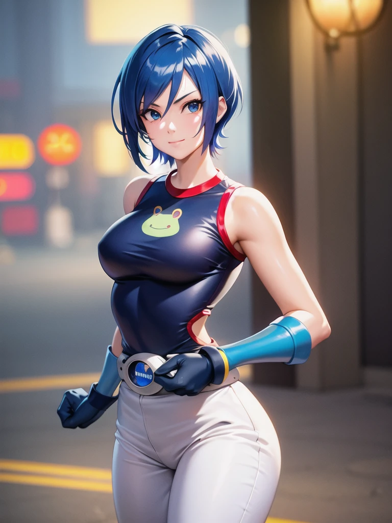 (at night), in a video game scene, a background of a beautiful city during the day raining, standing at attention, semi-short blue hair, blouse with an anime frog face, white flared pants, wearing blue fingerless exercise gloves, has round goggles on her head, huge belt with a round eyeglass, ((blue hair)), 1 girl, alone, 20 years old, young woman, perfect hands, beautiful fingers, beautiful long legs, beautiful body, beautiful nose, beautiful design of characters, perfect face, looking at the viewer with serious gesture (focusing on his face), closed mouth, Light_Smile, official art, extremely detailed CG unity 8k wallpaper, perfect lighting, bright and colorful front lighting, glowing skin (masterpiece : 1.0), (best_quality: 1.0), ultra high resolution, 4K, ultra detailed photography, 8K, HDR, high resolution, nonsense:1.2, Kodak portra 400, film grain, background blur, bokeh:1.2, lens flare, (vibrant_color:1.2), professional photography, (beautiful_face: 1.5), (narrow waist),
