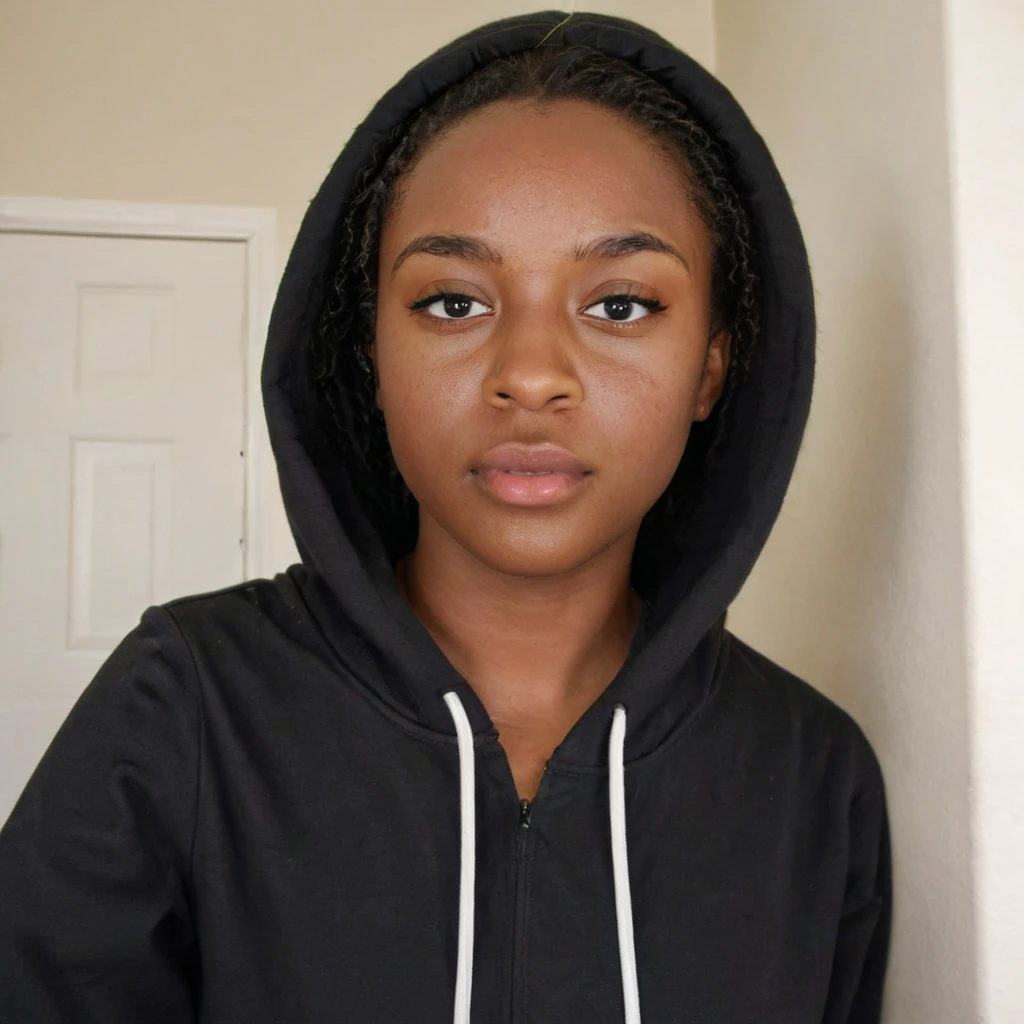 front view, selfie picture of an ebony girl in her 20s, emotionless, wearing black hoodie, portrait photo, Detailed natural skin and blemishes without-makeup and acne