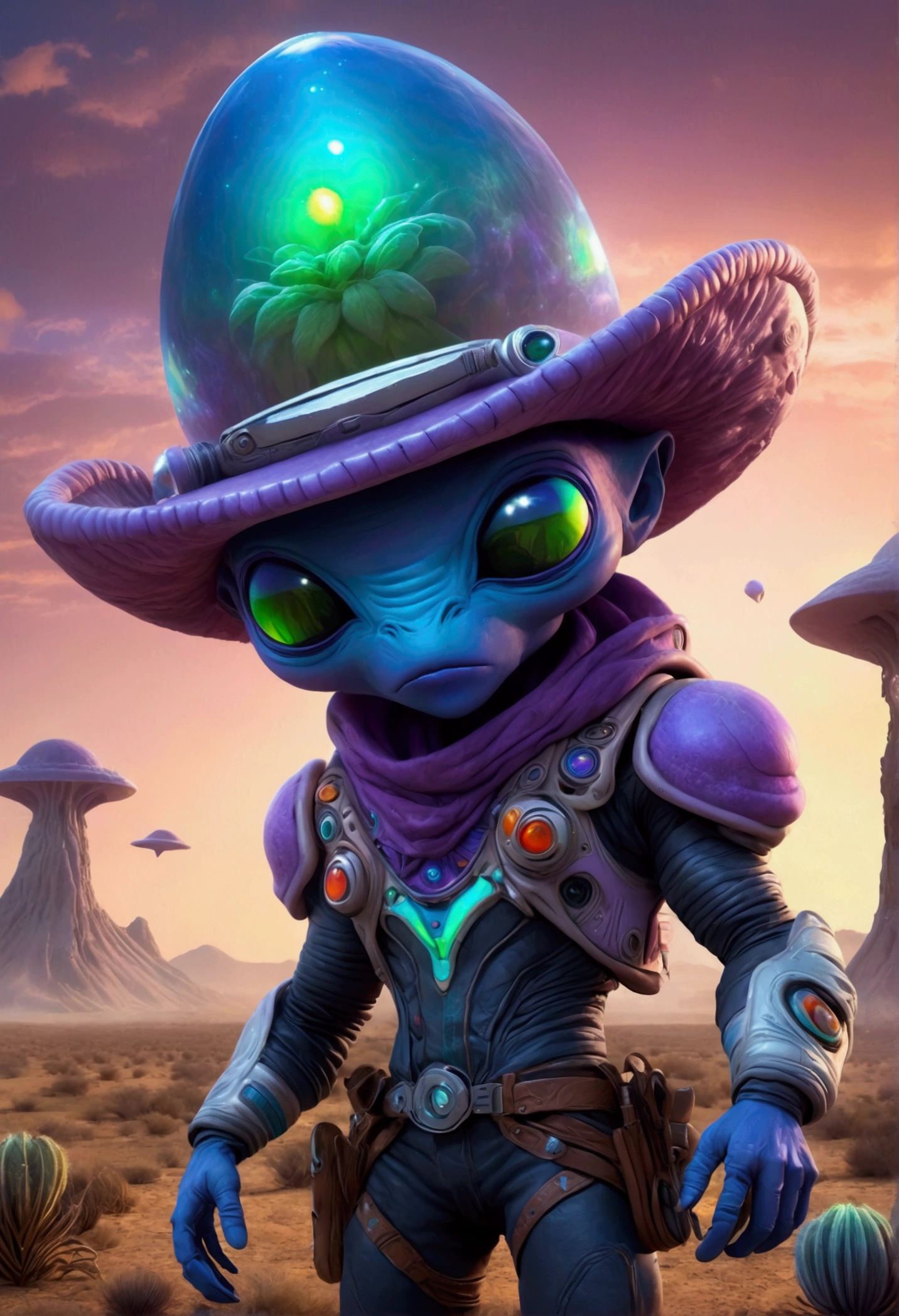 Alien cowboys (lean, big head, huge dark eyes, cowboy outfit, ray guns) are riding on crystalline beetles, alien plains with strange plants, violet skies, 2 suns
