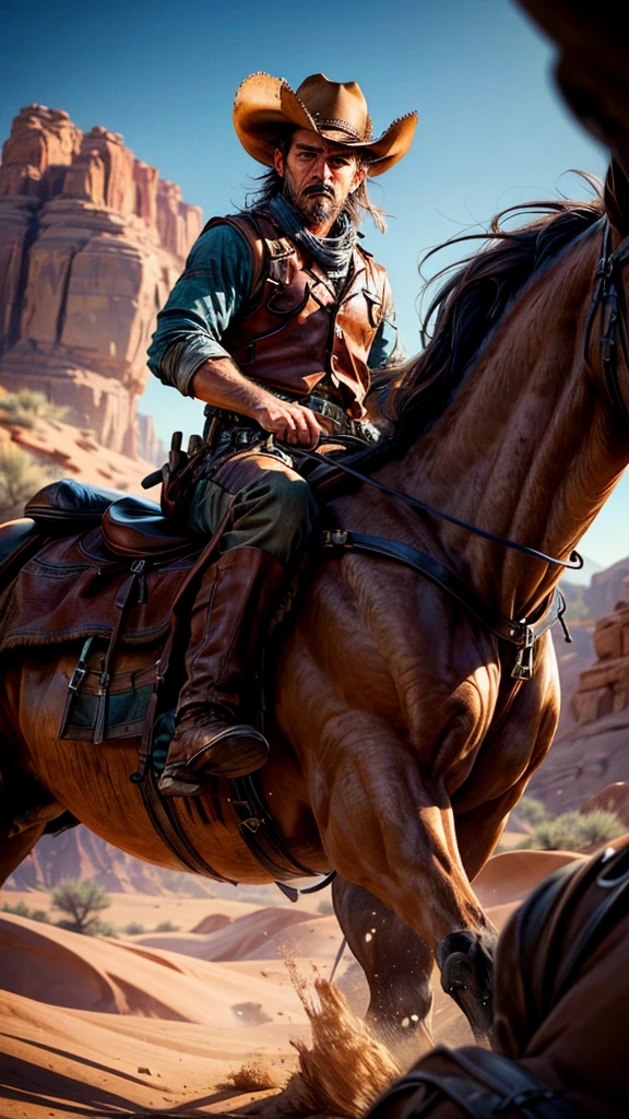 a rugged cowboy riding a horse through the wild western landscape, detailed facial features, detailed clothing, detailed horse, beautiful desert scenery, wide open skies, dramatic lighting, cinematic composition, photorealistic, 8k, (best quality,4k,8k,highres,masterpiece:1.2),ultra-detailed,(realistic,photorealistic,photo-realistic:1.37),HDR,UHD,studio lighting,ultra-fine painting,sharp focus,physically-based rendering,extreme detail description,professional,vivid colors,bokeh,dramatic lighting,cinematic composition,western,cowboy,horse,desert,wilderness,adventure
