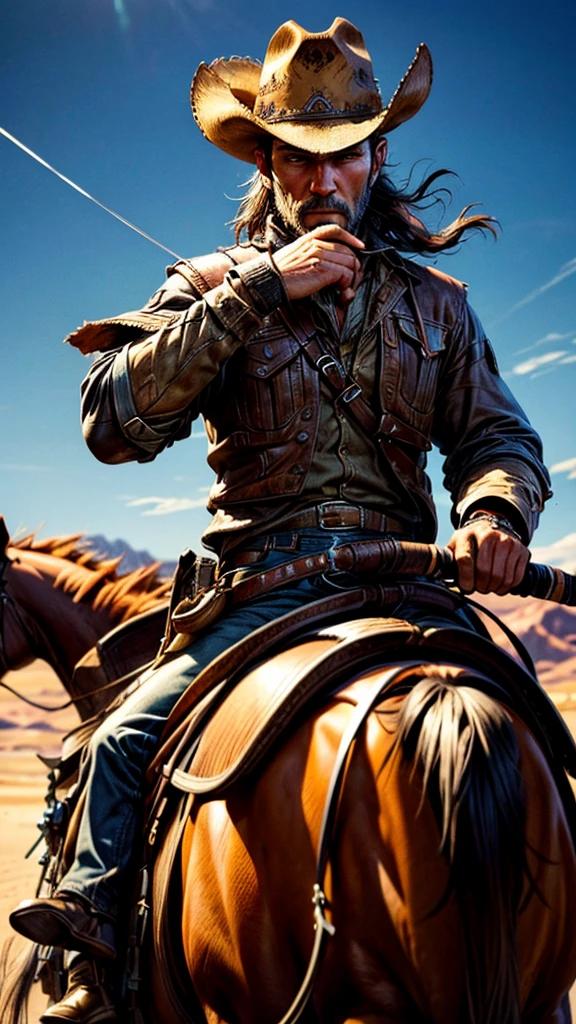 a rugged cowboy riding a horse through the wild western landscape, detailed facial features, detailed clothing, detailed horse, beautiful desert scenery, wide open skies, dramatic lighting, cinematic composition, photorealistic, 8k, (best quality,4k,8k,highres,masterpiece:1.2),ultra-detailed,(realistic,photorealistic,photo-realistic:1.37),HDR,UHD,studio lighting,ultra-fine painting,sharp focus,physically-based rendering,extreme detail description,professional,vivid colors,bokeh,dramatic lighting,cinematic composition,western,cowboy,horse,desert,wilderness,adventure