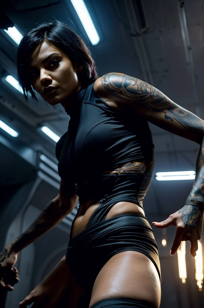 A woman with dark hair wearing a revealing outfit, intricate tattoos on her body, a fierce and determined expression, set in a futuristic sci-fi environment, highly detailed, photorealistic, dramatic lighting, cinematic angle, vibrant colors, (best quality,4k,8k,highres,masterpiece:1.2),ultra-detailed,(realistic,photorealistic,photo-realistic:1.37),cinematic lighting,dramatic pose,intricate tattoos,futuristic setting,cinematic composition