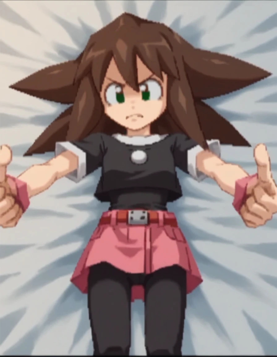 PDXL, Fraction_9, Fraction_8_Direction_7_up, src_Japanese cartoons, 1 Girl, Solitary,
Reset, very good \(Mega Man\), Brown hair, Green Eyes, Pink skirt, Black jacket, Black pantyhose, Hair combed back , angry, Outstretched Legs,