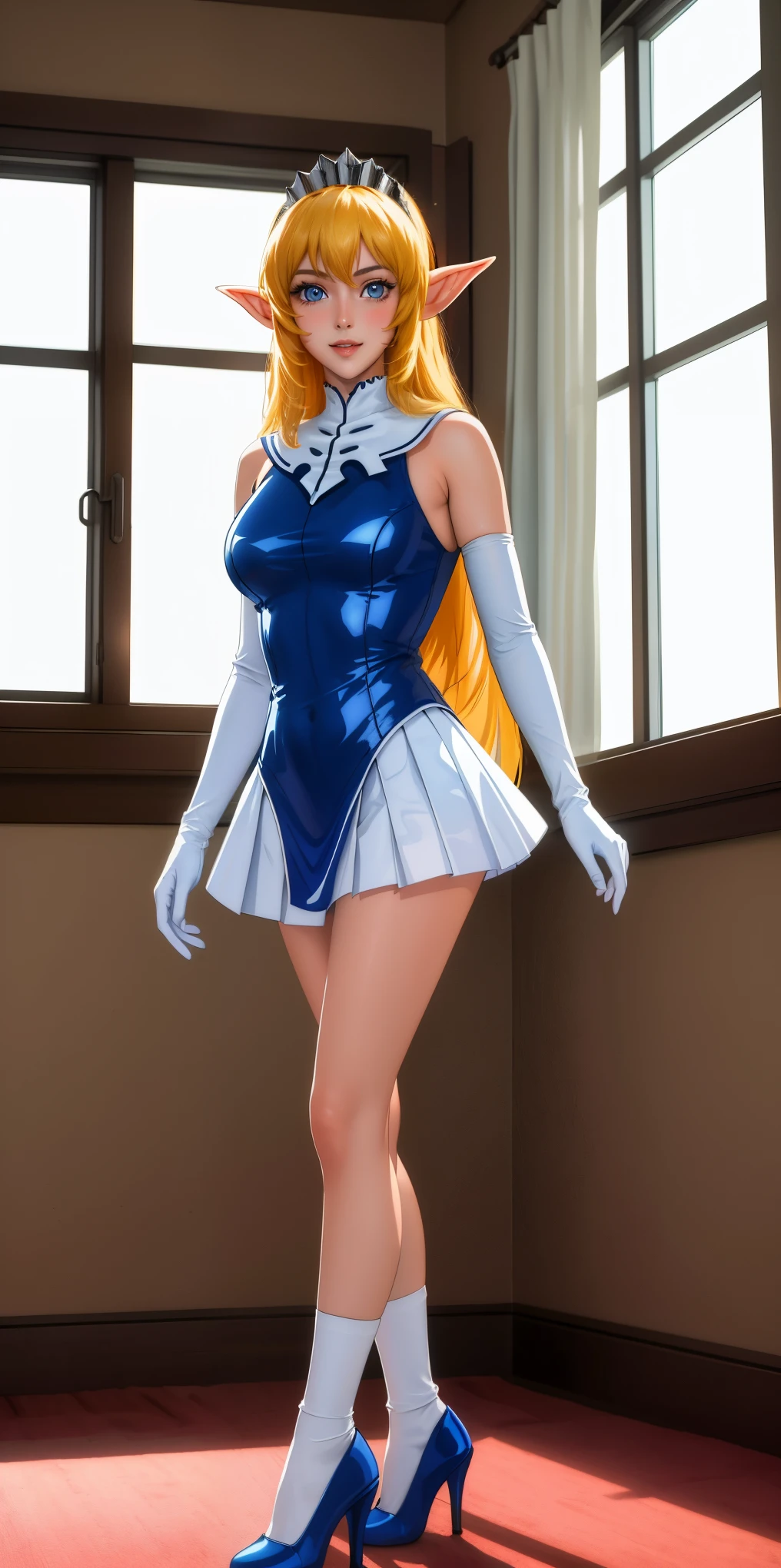 high resolution, masterpiece, high quality, perfect face, perfect eyes, Princess Nina Aslato, long blonde hair, long elf ears, tiara, blue leotard, miniskirt, high heels, feet together, white elbow gloves, huge breasts, cheerful, bedroom background (indoors) sunset thru window