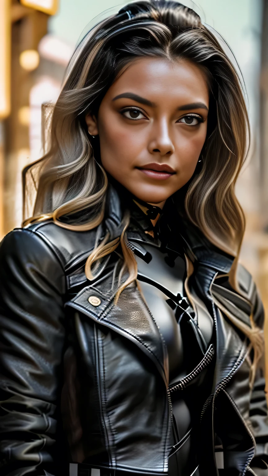 Long curly dark blonde hair, Gorgeous eyes, Detailed body、Detailed face、Detailed eyes、Detailed eyebrows、Captivating look, The line of sight is this、Big Tits, Exposed cleavage, (Black leather jacket, Black leather leotard:1.5), Black high leg leotard, Stiletto heels, Modern metropolis Paris France neon signs background at midnight, Spot lighting, Hair backlight, Shallow depth of field, Bokeh, ((Pause_random))、masterpiece, 最high quality, high quality, High resolution, ((Face close-up))、Face close-up