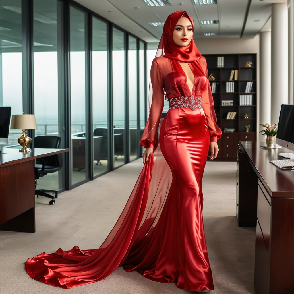 a woman in the translucent silk red gown, satin sheet, nipple on with nipple piercing, wear modern hijab, full body, long satin, red satin mermaid tight long gown, flowy dramatic long gown, tall women, in office room, strugle to walk, wear high heels,  masterpice 