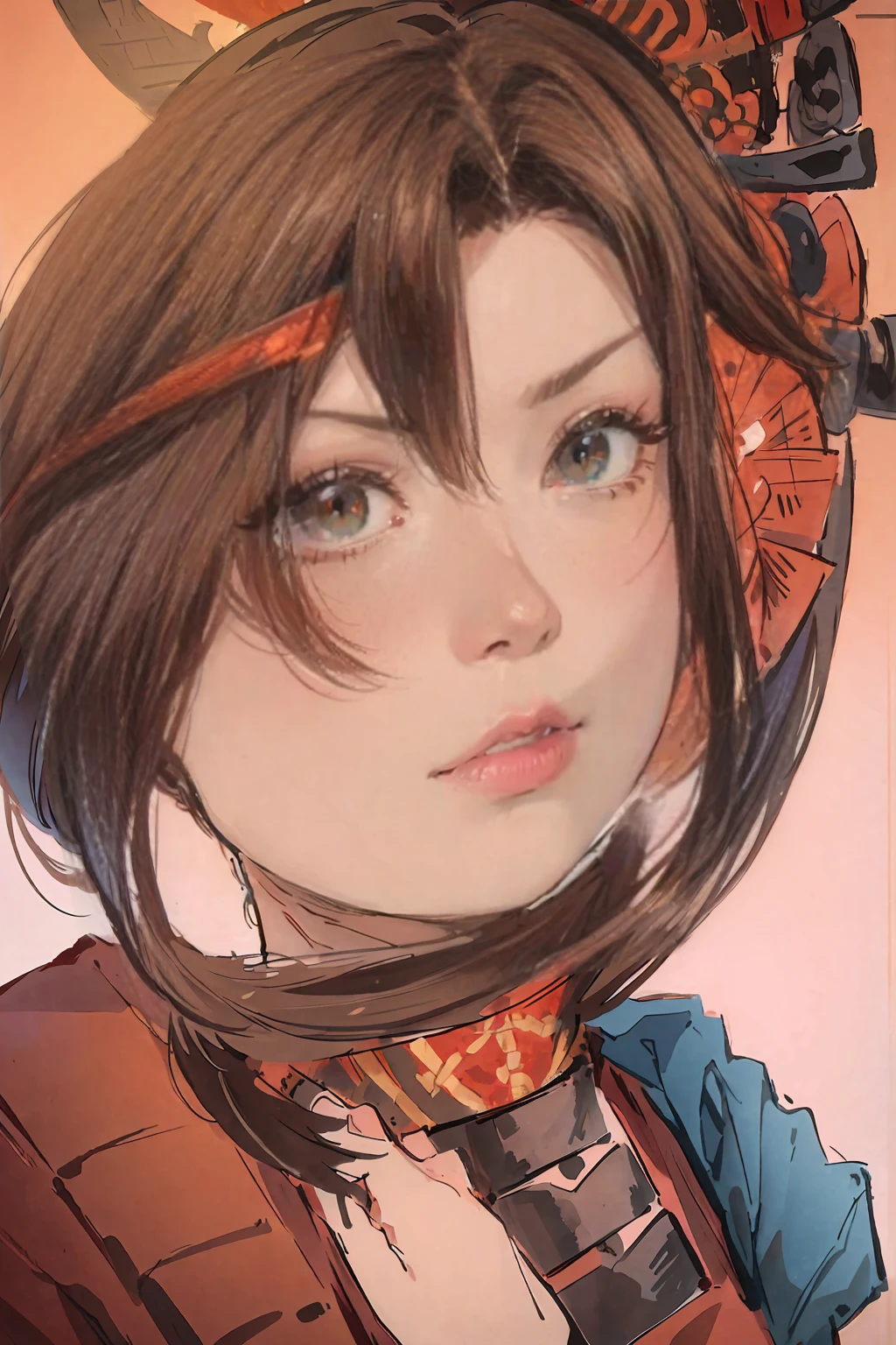 Ninjagirl, a brown haired , wearing a red samurai armor, long hair, fasion hair, samurai armor, slim body, shirt ornament, hakama, tall 165cm, 22yearold, samurai, katana, female, beautiful, sexy