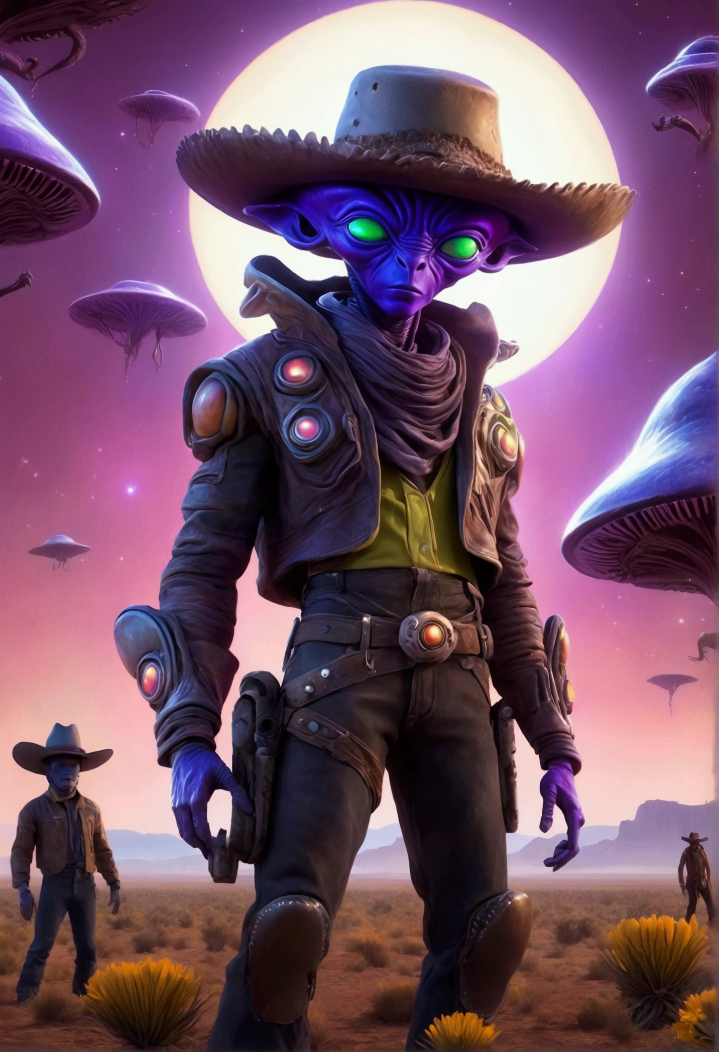Alien cowboys (lean, big head, huge dark eyes, cowboy outfit, ray guns) are riding on crystalline beetles, alien plains with strange plants, violet skies, 2 suns
