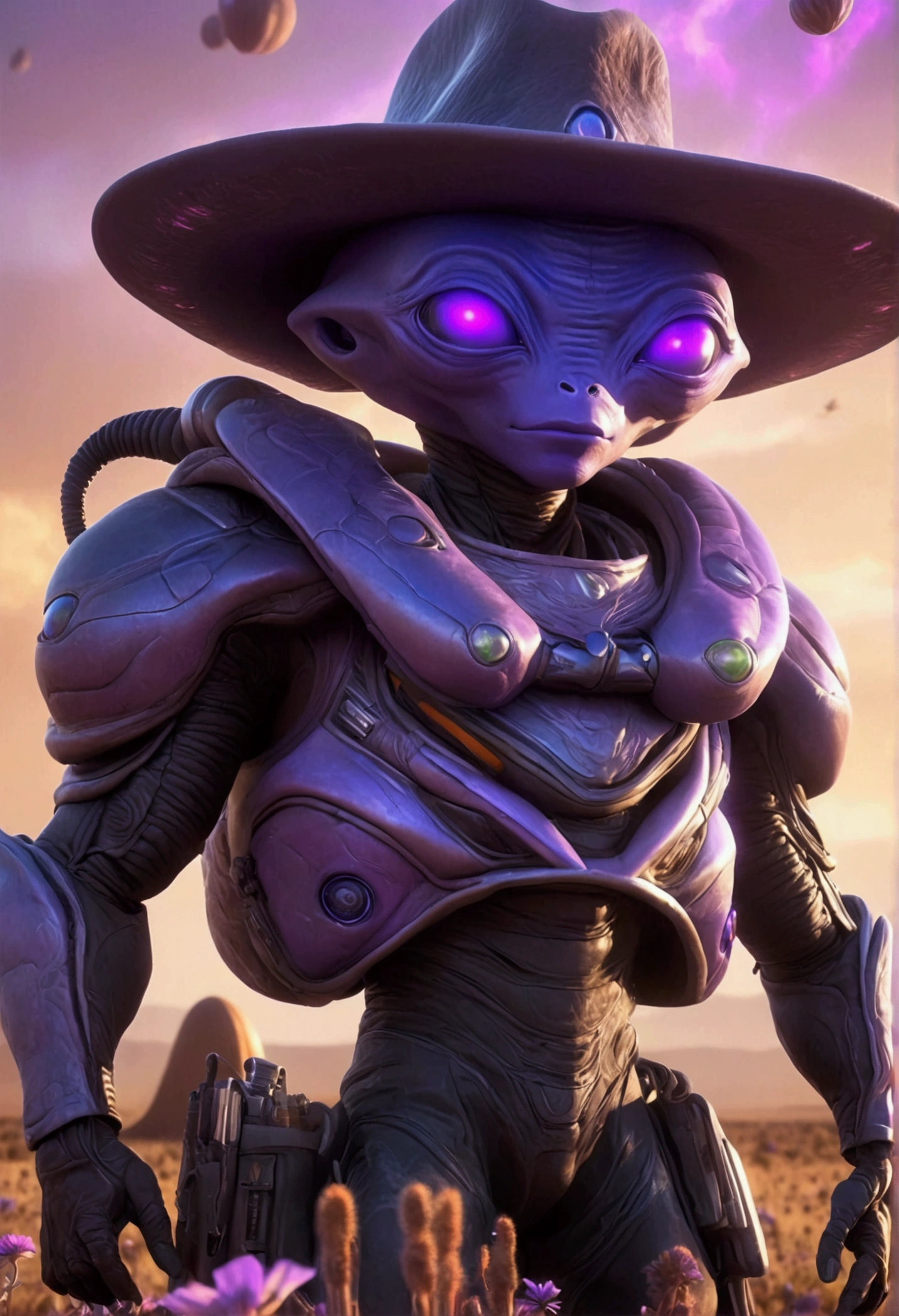 Alien cowboys (lean, big head, huge dark eyes, cowboy outfit, ray guns) are riding on crystalline beetles, alien plains with strange plants, violet skies, 2 suns
