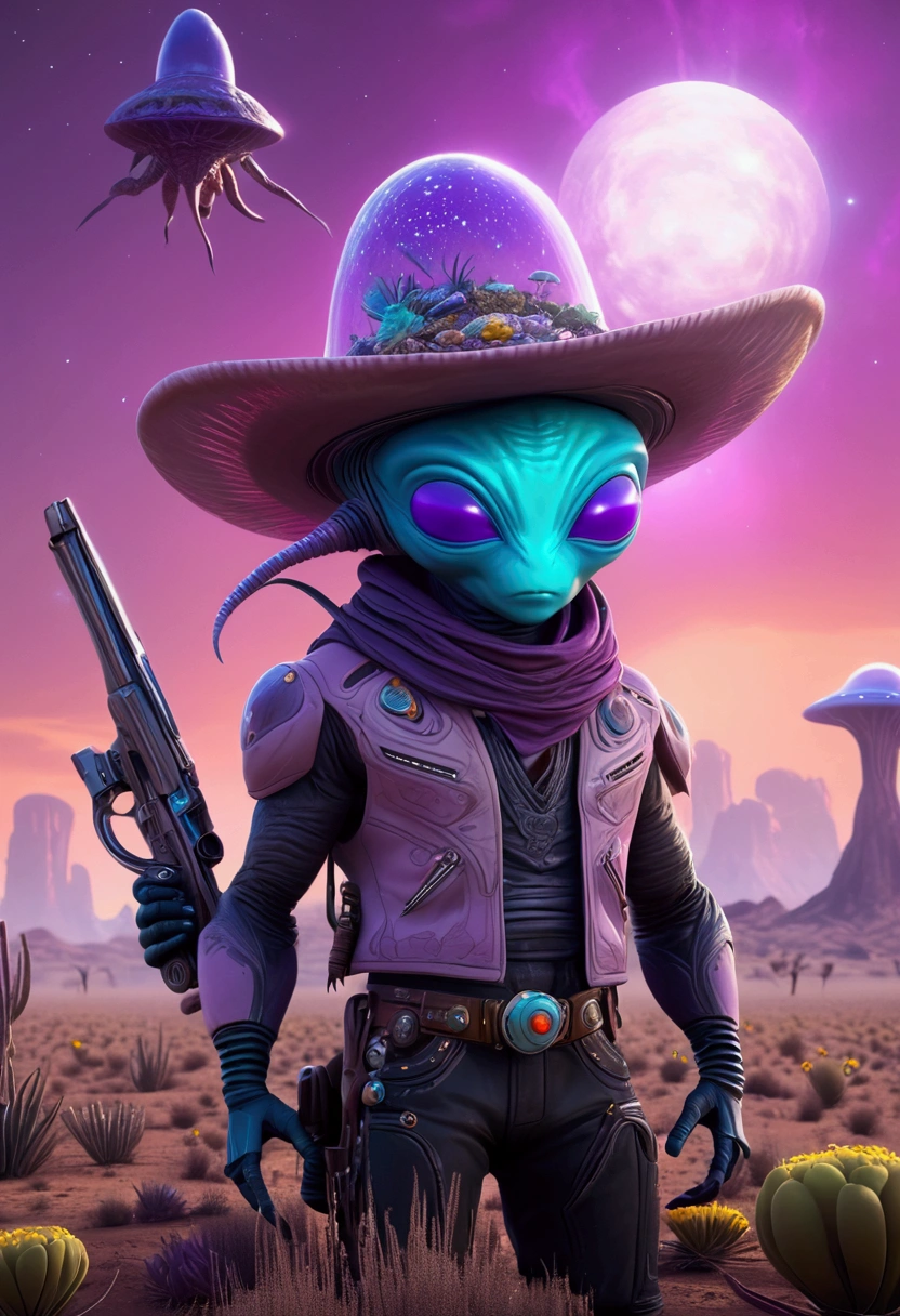 Alien cowboys (lean, big head, huge dark eyes, cowboy outfit, ray guns) are riding on crystalline beetles, alien plains with strange plants, violet skies, 2 suns
