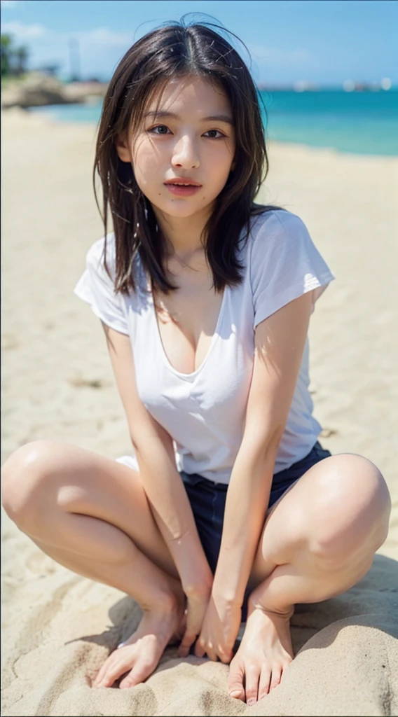 ((Highest quality, 8k, masterpiece: 1.3、Full Body Shot、Spread your legs、No pants、Very good、barefoot)), sharp: 1.2, Perfect Body Beauty: 1.4, Slim Abs: 1.2, ((Leaning forward、 Big Breasts: 1.2)),  (Open shirt: 1.3), Close your face: 1.5, (((Highly detailed face and skin texture, Beautiful Eyes, double eyelid))), Side view of the camera